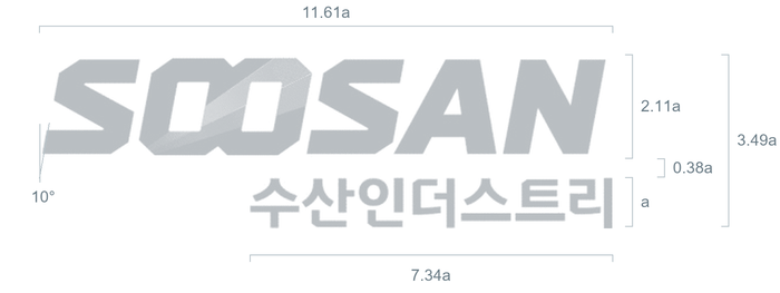 국문 시그니처 비례 규정: 로고 너비 11.61a, 높이 2.11a, 회사명 너비 7.34a, 높이 a, 간격 0.38a, 전체 높이 3.49a, 로고 기울기 10도