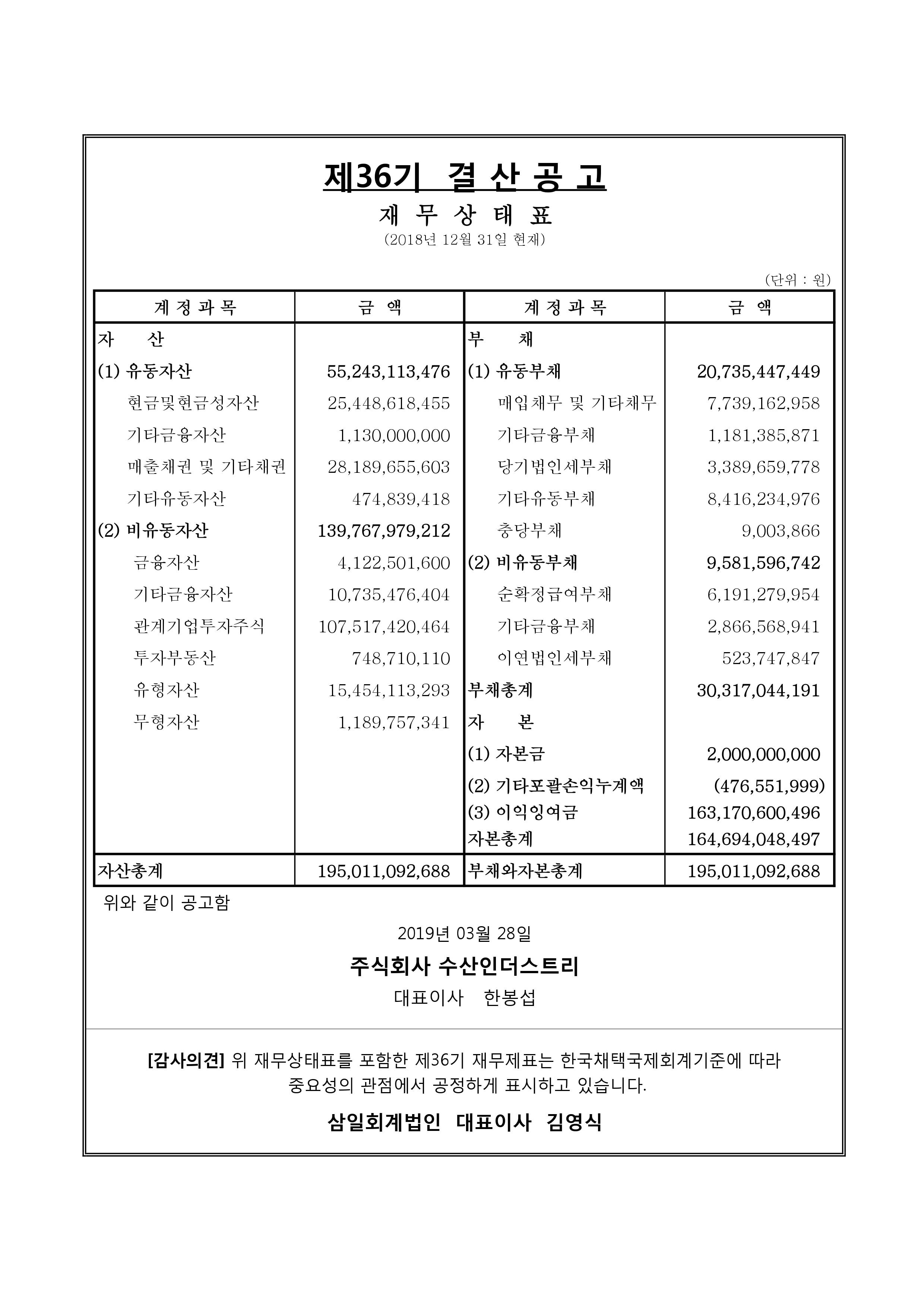 제 36기 수산인더스트리 결산공고 이미지 1