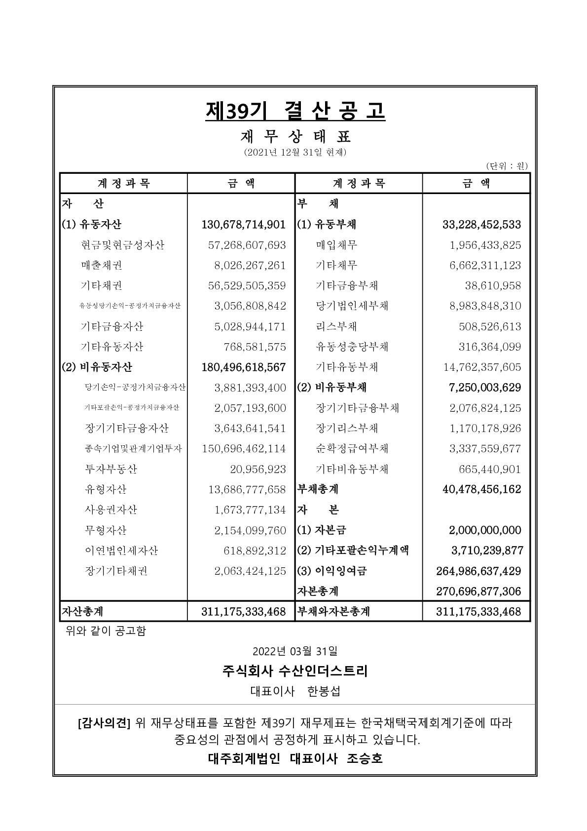 제39기 수산인더스트리 결산공고 이미지 1